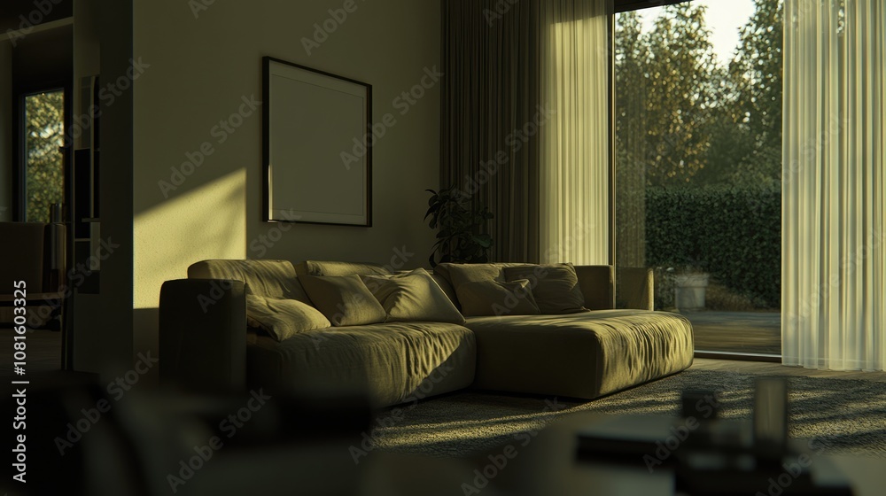 Modern Living Room with Sunlight Streaming Through Large Windows, Featuring a Cozy Sofa, Minimalist Decor, and Green Plants in a Serene Environment Modern Living Room with Sunlight Streaming Through Large Windows, Featuring a Cozy Sofa, Minimalist Decor, and Green Plants in a Serene Environment