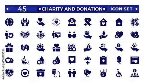 charity and donation icon set. Charity and Volunteering Solid style of philanthropic icons: almsgiving, helping those in need, donation, contribution, humanism, altruism 