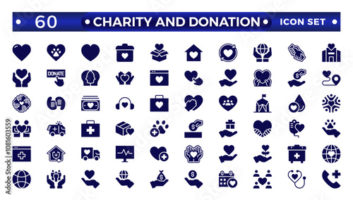 charity and donation icon set. Charity and Volunteering Solid style of philanthropic icons: almsgiving, helping those in need, donation, contribution, humanism, altruism 
