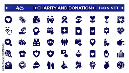 charity and donation icon set. Charity and Volunteering Solid style of philanthropic icons: almsgiving, helping those in need, donation, contribution, humanism, altruism 