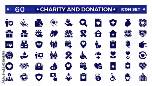 charity and donation icon set. Charity and Volunteering Solid style of philanthropic icons: almsgiving, helping those in need, donation, contribution, humanism, altruism 