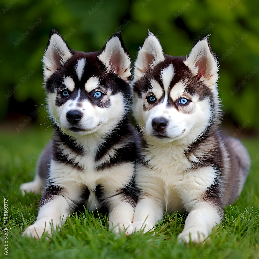 Obraz premium Siberian husky puppies sitting side by side on a lawn