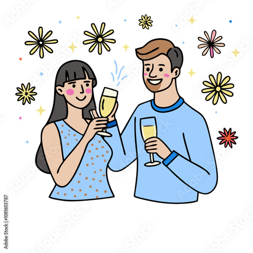 Couple Cheers New Year: Happy couple toasting champagne flutes amidst celebratory fireworks. A joyful illustration perfect for New Year's, anniversaries, or any special occasion.