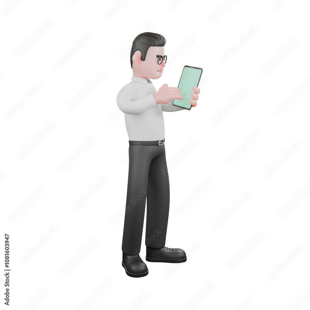 Movie Producer 3D Model. A male producer stands up while showing his handphone screen. Professional Cartoon Movie Producer 3D Model. A male producer stands up while showing his handphone screen. Professional Cartoon