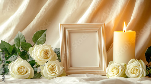 An empty framed photo with a lit candle and white roses beside it, arranged on a neutral background, setting to honor and remember loved ones.