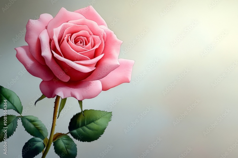 Watercolor painting of a pink rose with soft brushstrokes and pastel colors on a light background Watercolor painting of a pink rose with soft brushstrokes and pastel colors on a light background