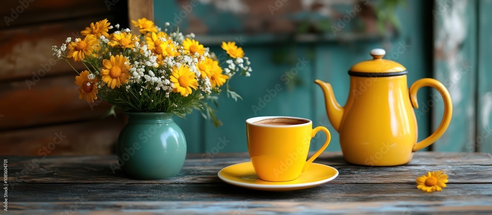 Yellow teapot, coffee cup, and a bouquet of flowers in a green vase on a rustic wooden table. Yellow teapot, coffee cup, and a bouquet of flowers in a green vase on a rustic wooden table.