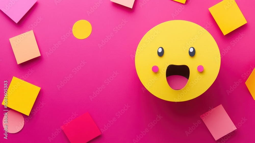 Fototapeta premium A cheerful yellow smiley face surrounded by colorful geometric shapes on a pink background.