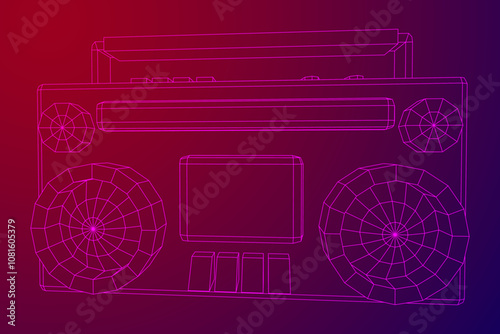 Retro Boombox outdated portable cassette tape recorder. Wireframe low poly mesh vector illustration.