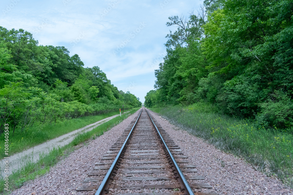 A beautiful view of train tracks off to the horizon surrounded by greenery. A beautiful view of train tracks off to the horizon surrounded by greenery.