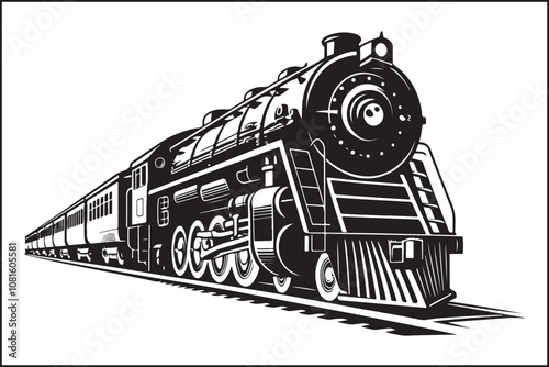  "A detailed silhouette of a vintage steam locomotive on train tracks, with dramatic contrast and a bold black and white design. The locomotive should have distinct features such as large wheels, 