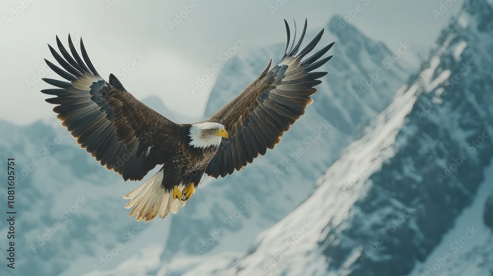 Fototapeta premium A majestic bald eagle soars through the air with its wings outstretched, against a backdrop of snow-capped mountains.