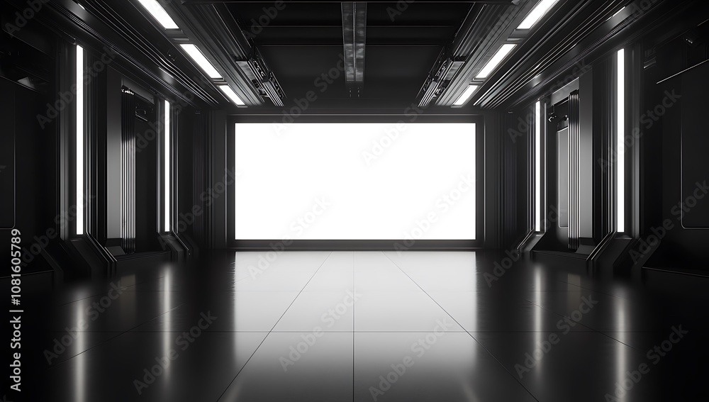 Futuristic Interior with Blank Screen and Black Walls Futuristic Interior with Blank Screen and Black Walls