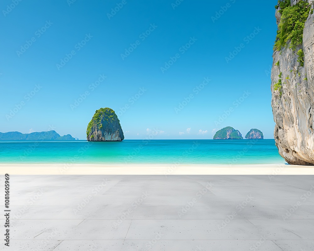 Obraz premium Serene Beach with Turquoise Water and Rocky Isles