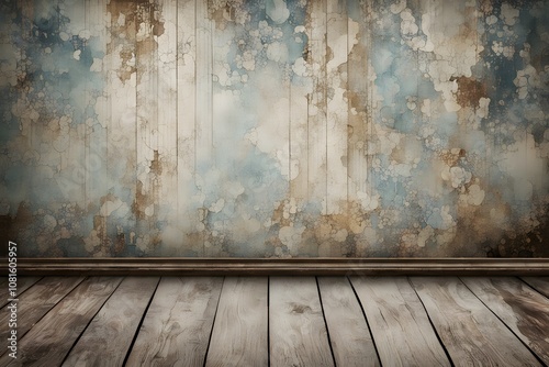 Grunge texture with a distressed wallpaper above and a weathered wooden floor, AI Generated