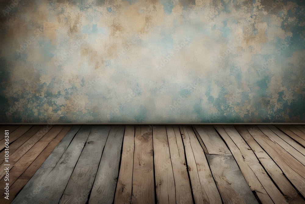 Grunge texture with a distressed wallpaper above and a weathered wooden floor, AI Generated Grunge texture with a distressed wallpaper above and a weathered wooden floor, AI Generated