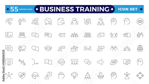 Business training line icons collection. Workshop, lecture, education icons. UI icon set. Interpersonal skills, confidence, problem solving, communication outline icon.Editable stroke outline icon.
