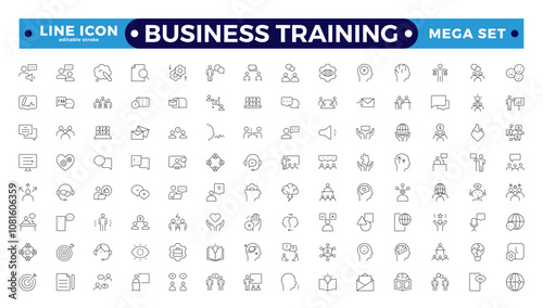 Business training line icons collection. Workshop, lecture, education icons. UI icon set. Interpersonal skills, confidence, problem solving, communication outline icon.Editable stroke outline icon.
