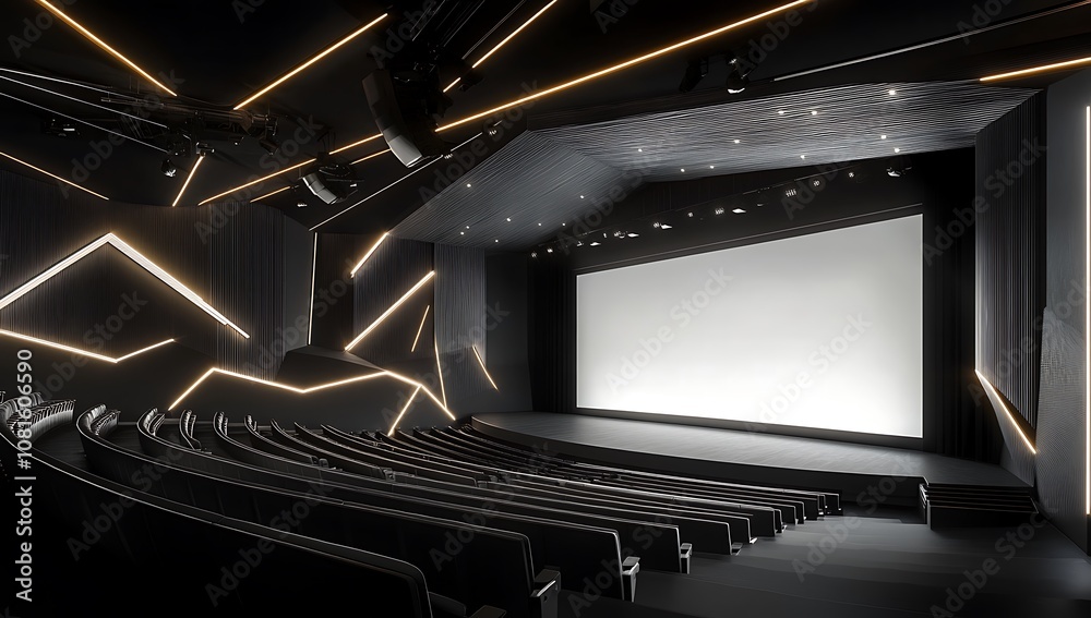 Modern Auditorium with Curved Seating and a Large Blank Screen Modern Auditorium with Curved Seating and a Large Blank Screen