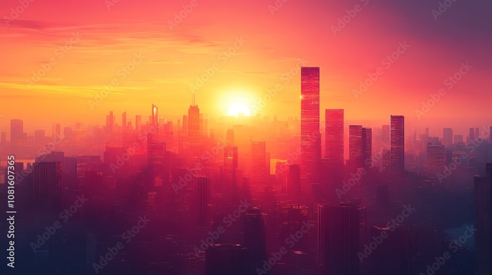 A panoramic view of a city skyline at sunrise, with the sun shining brightly behind the tall buildings. A panoramic view of a city skyline at sunrise, with the sun shining brightly behind the tall buildings.