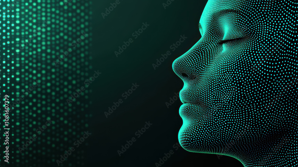 Digital human head with holographic design and glowing dots Digital human head with holographic design and glowing dots