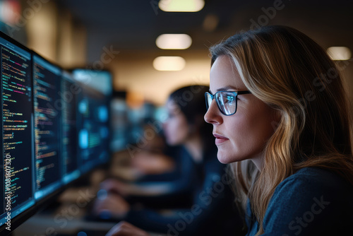 Focused woman coding on computer screens in tech environment