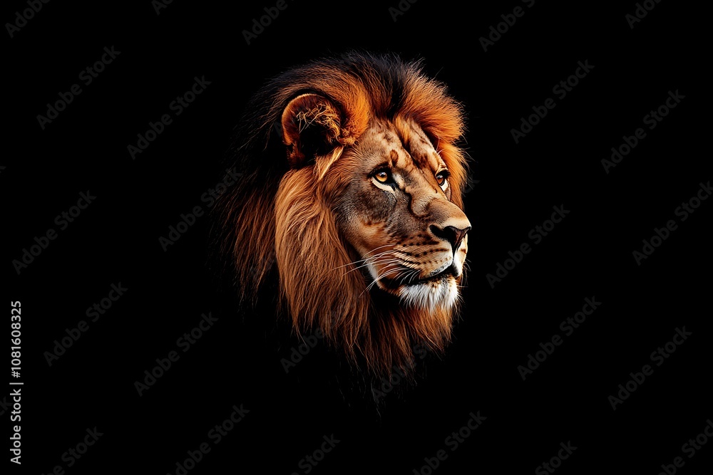 Fototapeta premium Majestic Lion with a Focused Gaze Against a Black Background