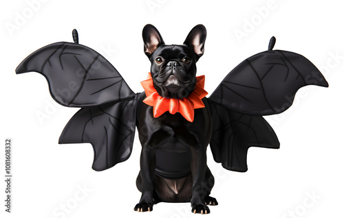 A black dog in a Halloween costume with bat wings in a cartoon style that is both funny and scary.