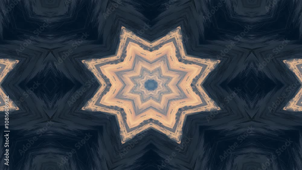 A symmetrical kaleidoscopic pattern of clouds against a blue sky, creating a serene visual effect.