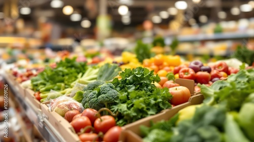 The image shows a grocery store filled with a variety of fruits and vegetables in cardboard boxes, with a blurred background and lights at the top.