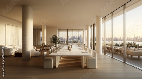 Modern Elegant Dining Space with Panoramic City View and Warm Sunset Light, Ideal for Social Gatherings and Stylish Events in a Luxurious Setting