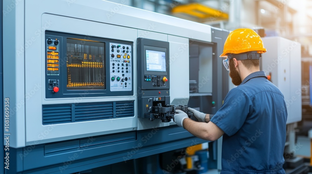 A Worker Operating a Large Industrial Machine in a Factory Setting A Worker Operating a Large Industrial Machine in a Factory Setting