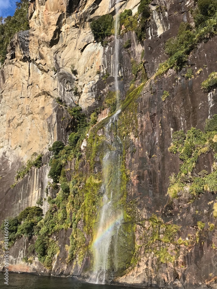 Waterfall with a mini rainbow at the base Waterfall with a mini rainbow at the base