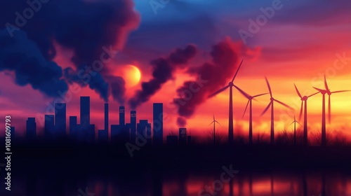 A dramatic sunset showcases a contrast between industrial pollution and wind turbines, symbolizing the clash between environmental degradation and renewable energy.