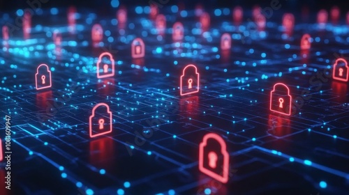 Abstract digital background with glowing red padlock icons on a blue circuit board, representing cybersecurity and data protection.