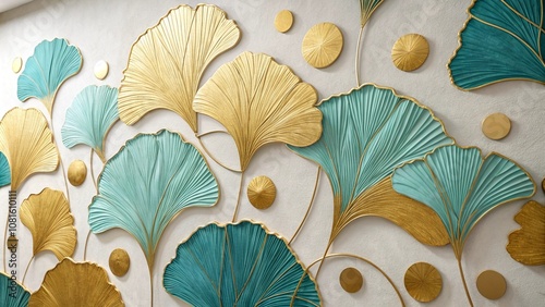 3d modern canvas art landscape wallpaper. golden and turquoise ginko biloba leaves and golden circles