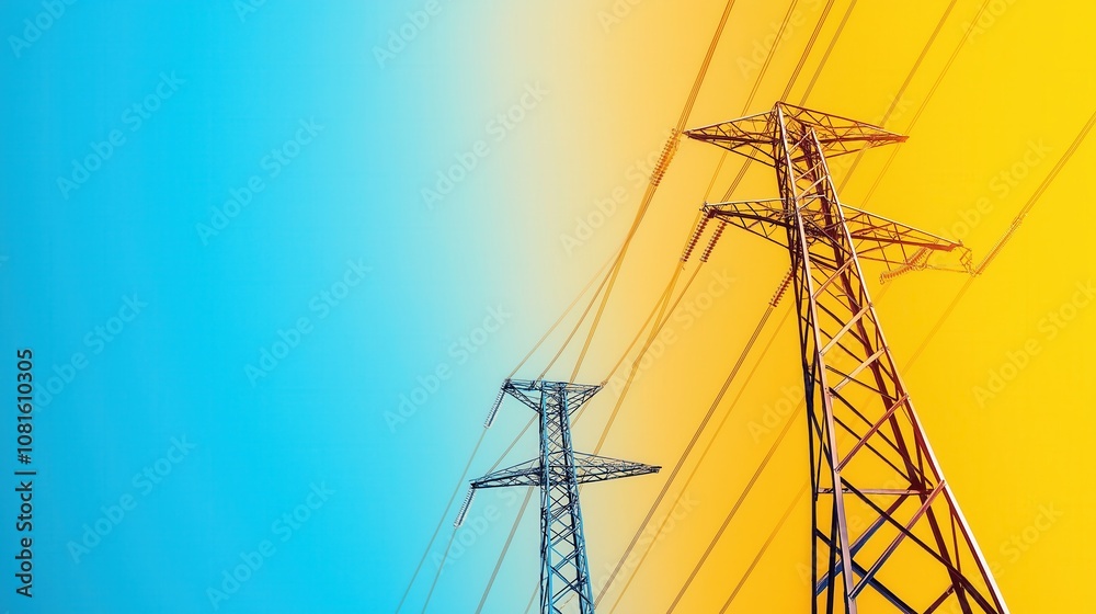 Two tall electrical towers stand against a bright gradient background, blending blue and yellow hues, symbolizing energy and technology.