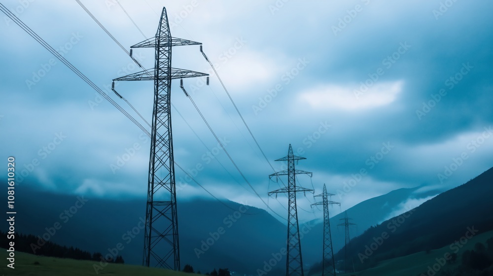 A moody landscape featuring tall electricity pylons against a cloudy, blue-tinged sky, set in a mountainous area. A moody landscape featuring tall electricity pylons against a cloudy, blue-tinged sky, set in a mountainous area.