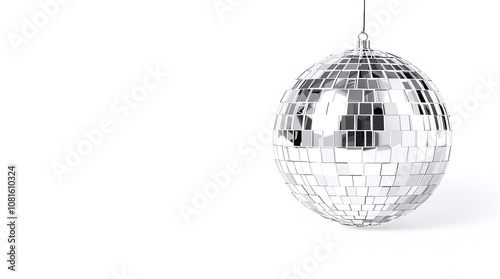 Mini disco ball isolated on white background, reflective and festive New Year’s element, stock photo