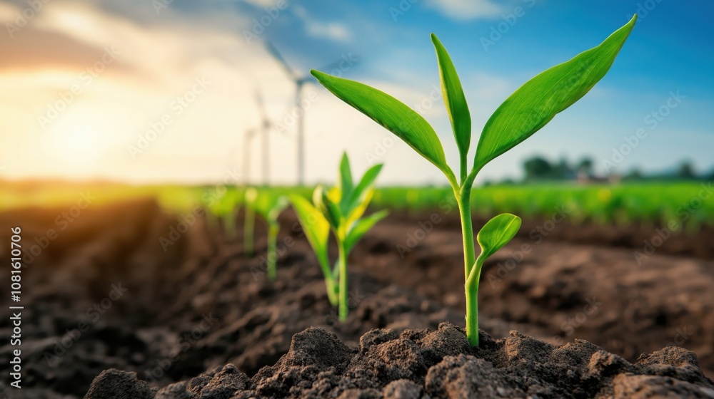 Fresh green seedlings emerging from the soil, with wind turbines and a sunset in the background, symbolizing sustainable agriculture and renewable energy. Fresh green seedlings emerging from the soil, with wind turbines and a sunset in the background, symbolizing sustainable agriculture and renewable energy.