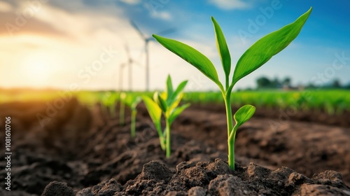 Fresh green seedlings emerging from the soil, with wind turbines and a sunset in the background, symbolizing sustainable agriculture and renewable energy.