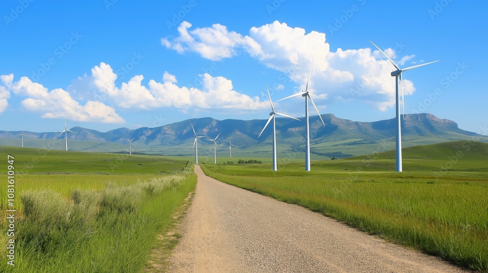 A scenic landscape featuring wind turbines on a green field with mountains and blue skies in the background.
