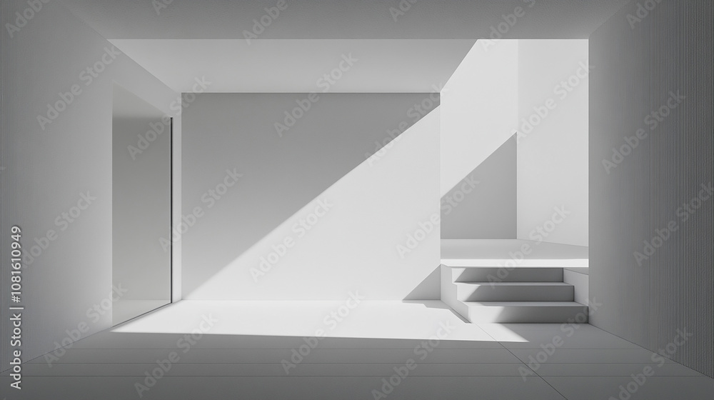 custom made wallpaper toronto digitalMinimalist white room with a door, a set of stairs and a window casting sunlight onto the floor.