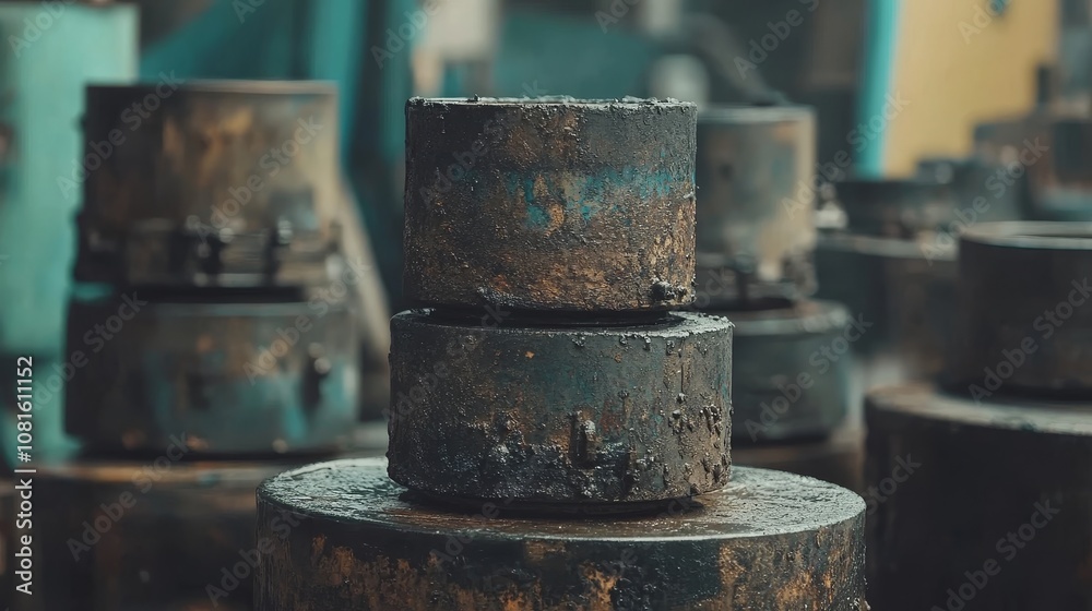 Stack of Rusted Metal Cylinders in a Factory Setting Stack of Rusted Metal Cylinders in a Factory Setting