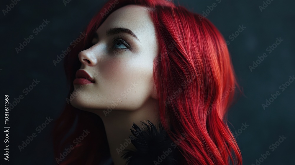 Naklejka premium beautiful woman with striking ruby red hair styled in a chic and modern way
