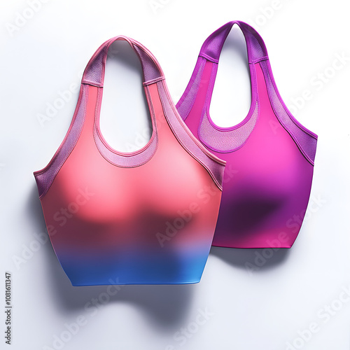 Gradient color sports bras for women, seamless design isolated on white background, stylish fitness wear, perfect for gym, yoga, running, breathable and comfortable, chic activewear for an active 
 photo