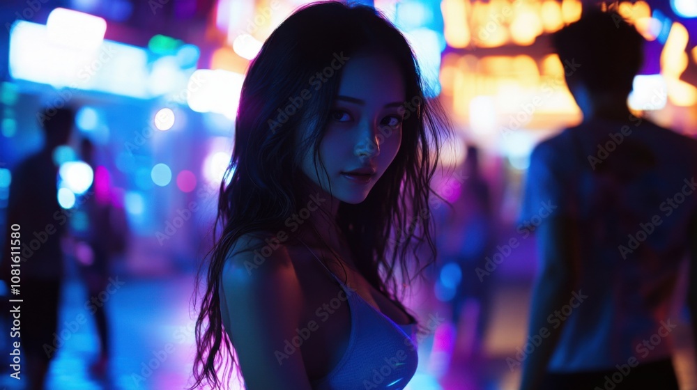 A dancing Japanese girl in a night city, young party woman in a nightclub A dancing Japanese girl in a night city, young party woman in a nightclub