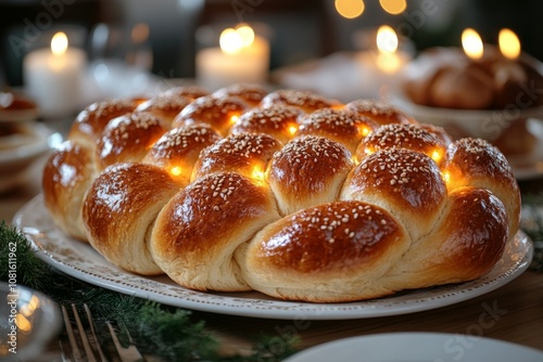 Freshly baked challah bread resting on plate for rosh hashanah dinner