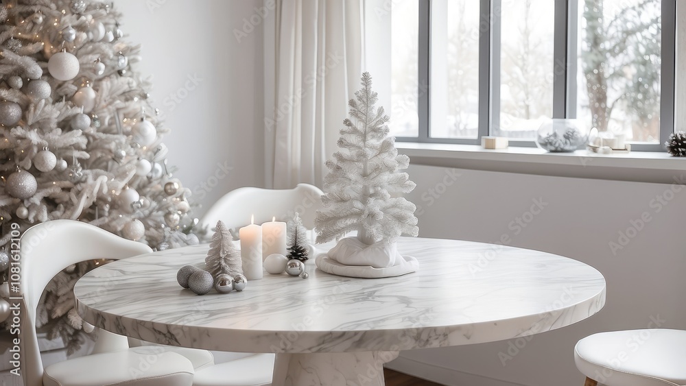 Marble table for Christmas, white tree. Marble table for Christmas, white tree.