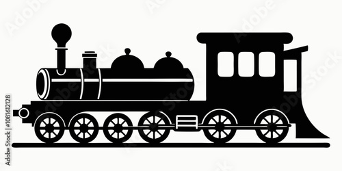 Vector Train, Black and white silhouette of a vintage steam locomotive chugging along the tracks, emitting a plume of smoke. isolated on white background.